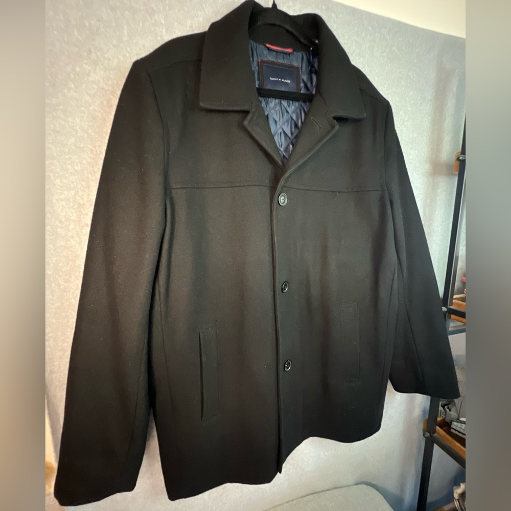 TOMMY HILFIGER Wool Blend Sport Coat  Mens XL Pea Overcoat Winter Warm Black EUC